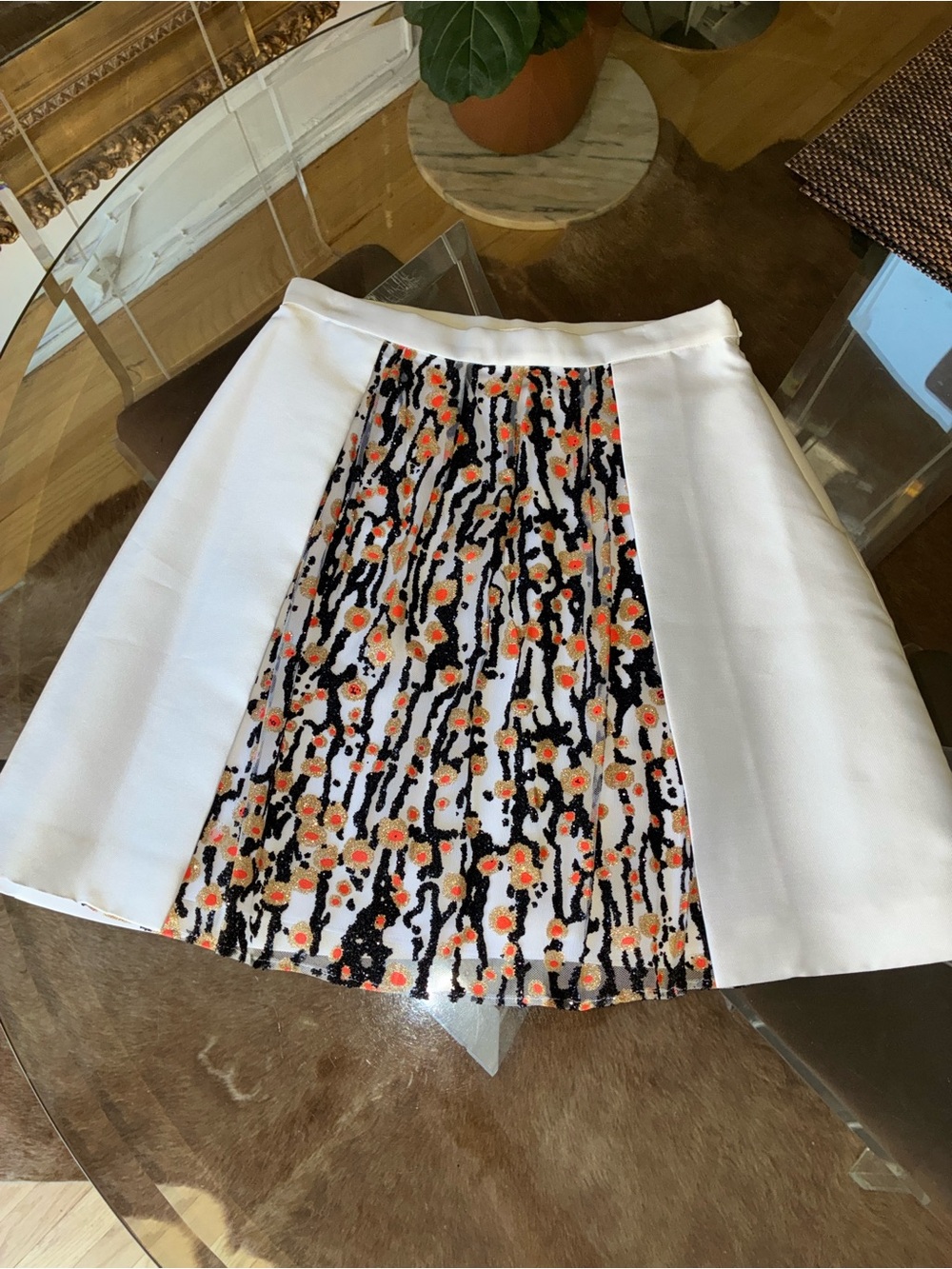 Carven White A-Line Skirt with Black, Gold & Coral Sequin Panel small